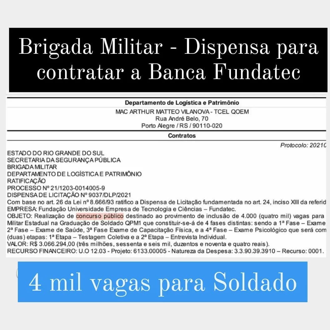 CONCURSO BRIGADA MILITAR RS: Banca definida para 4 mil vagas.