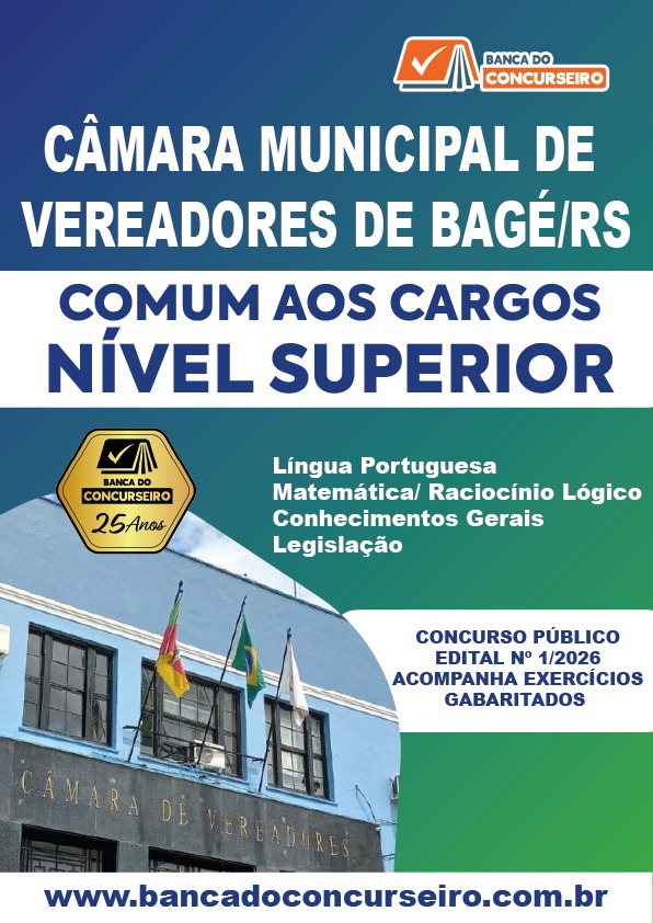 Apostila Concurso Câmara Municipal de Vereadores de Bagé/RS - Comum Cargos Nível Superior - Edital 2026